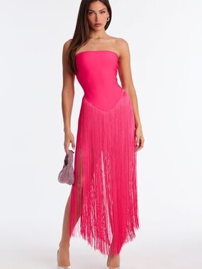 Fashion Nova Strapless Hot Pink Fringe Maxi Dress